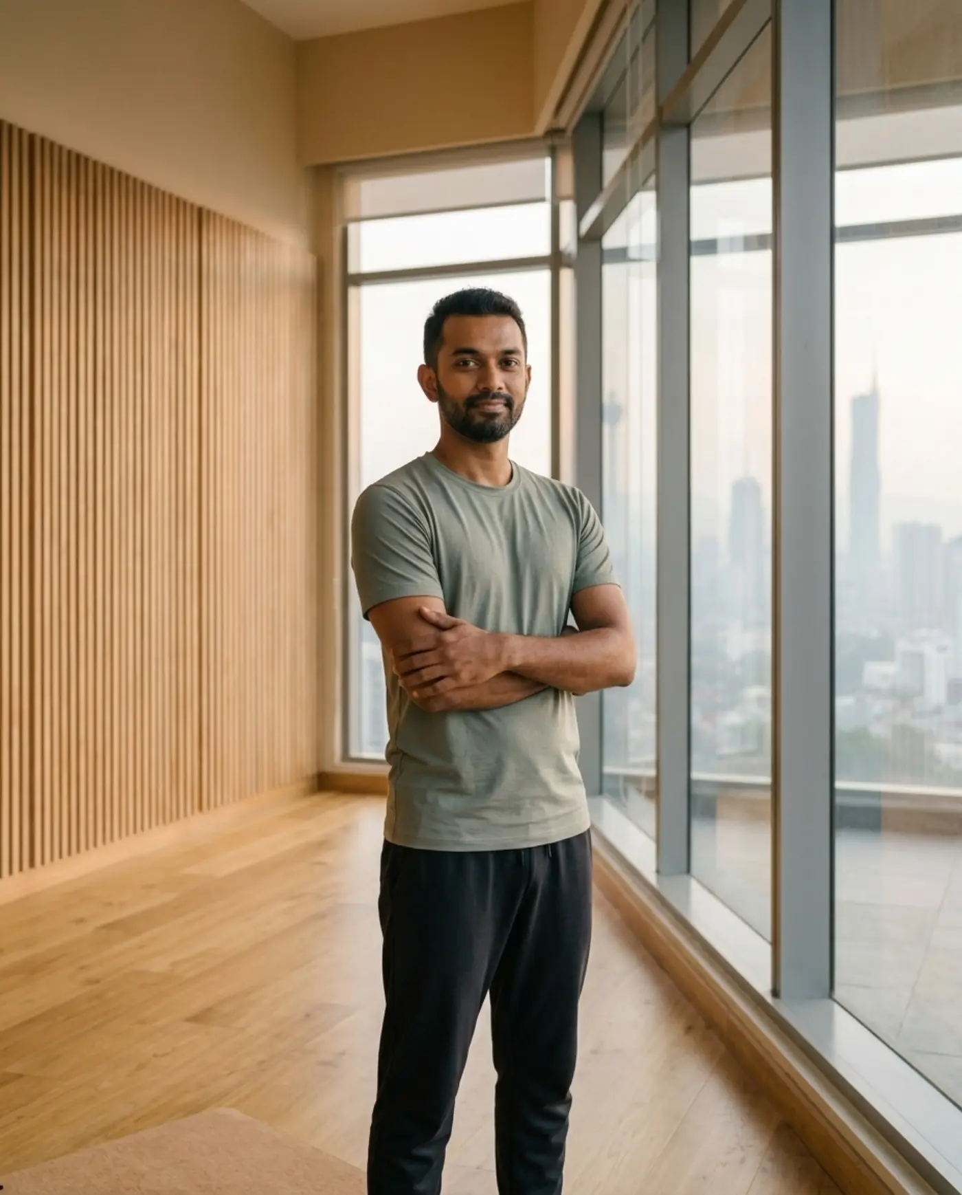 Arjun Pillai 双臂交叠站在工作室窗边
