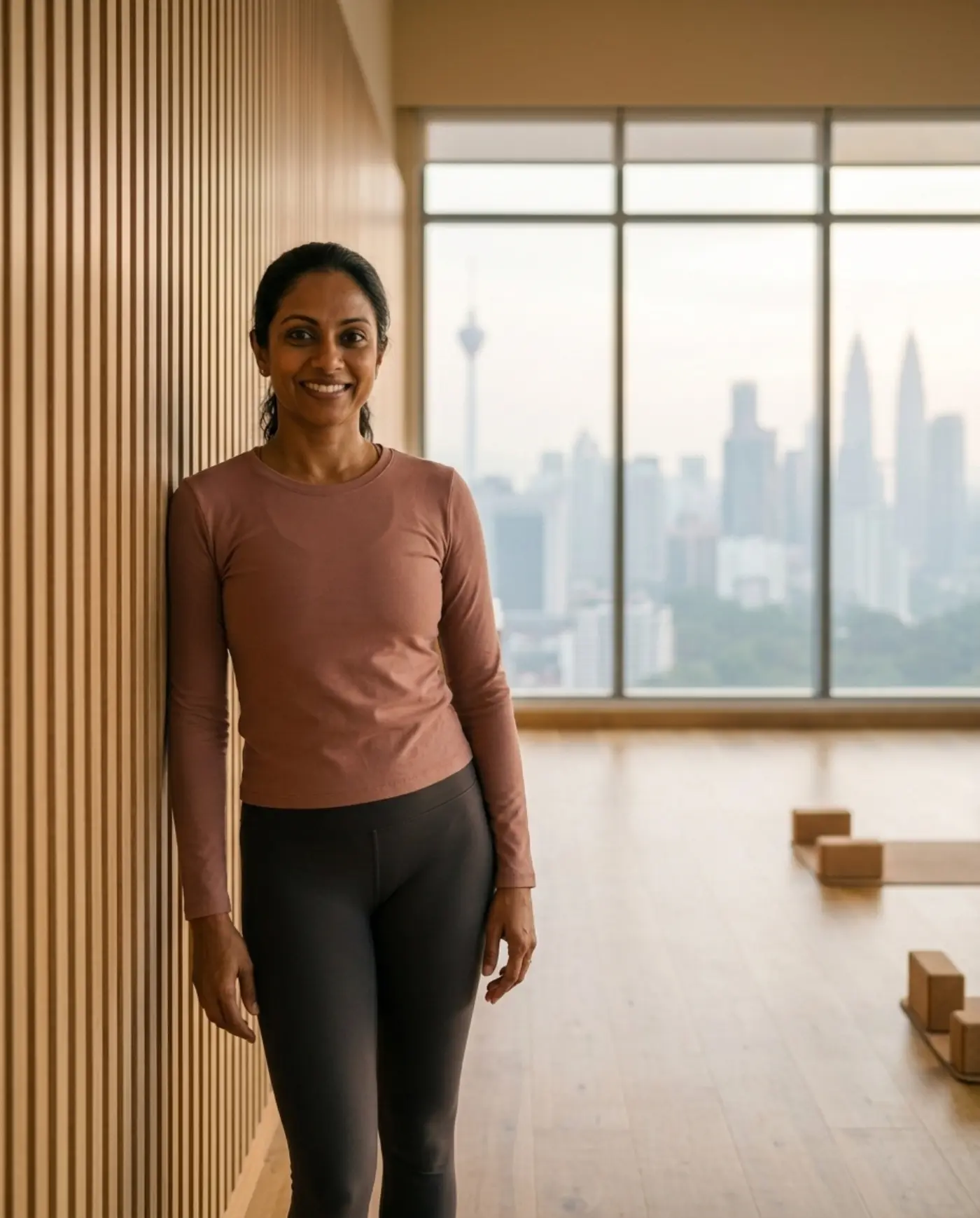Priya Nair 倚着工作室的木墙微笑