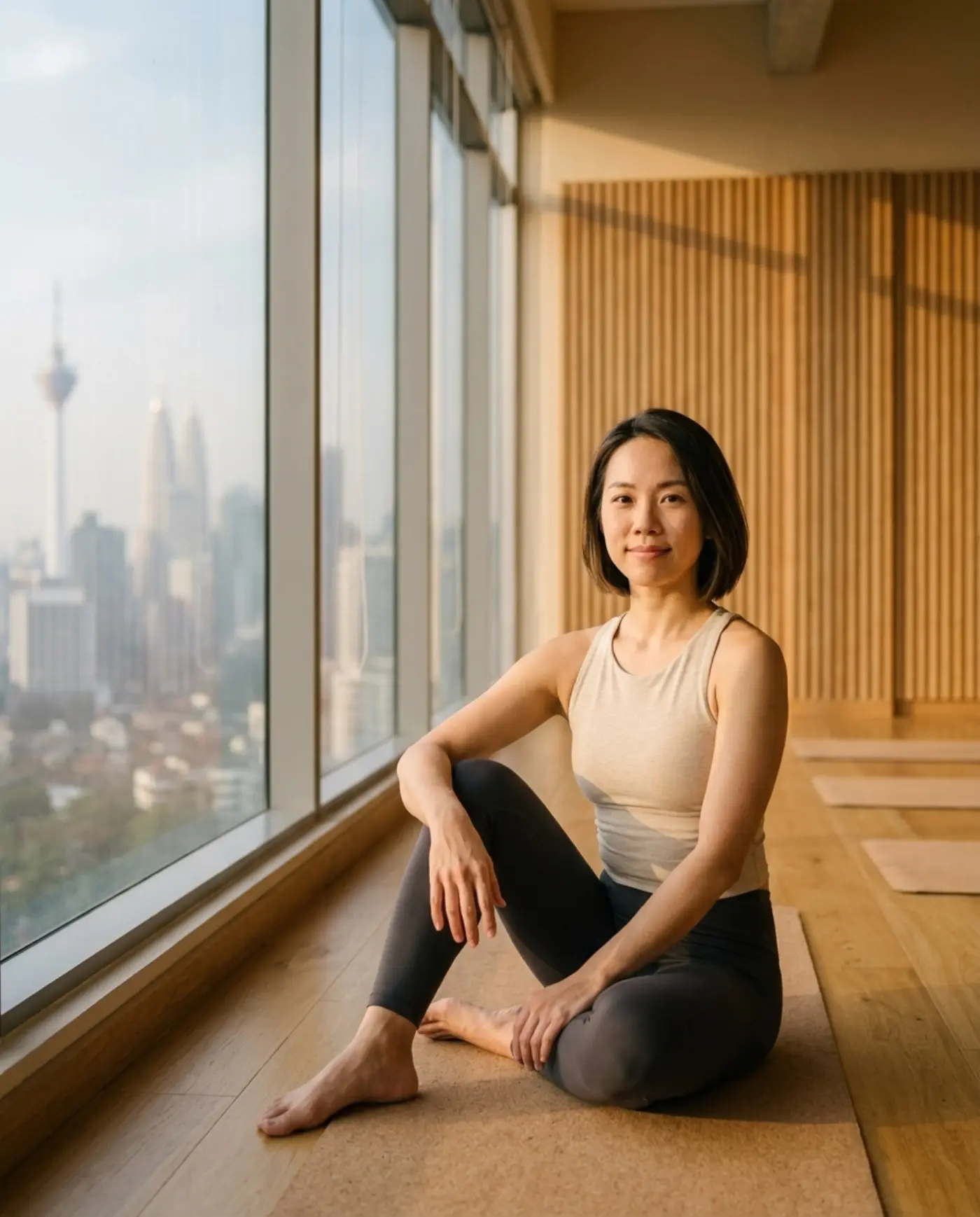 Sarah Tan 坐在窗边的软木瑜伽垫上
